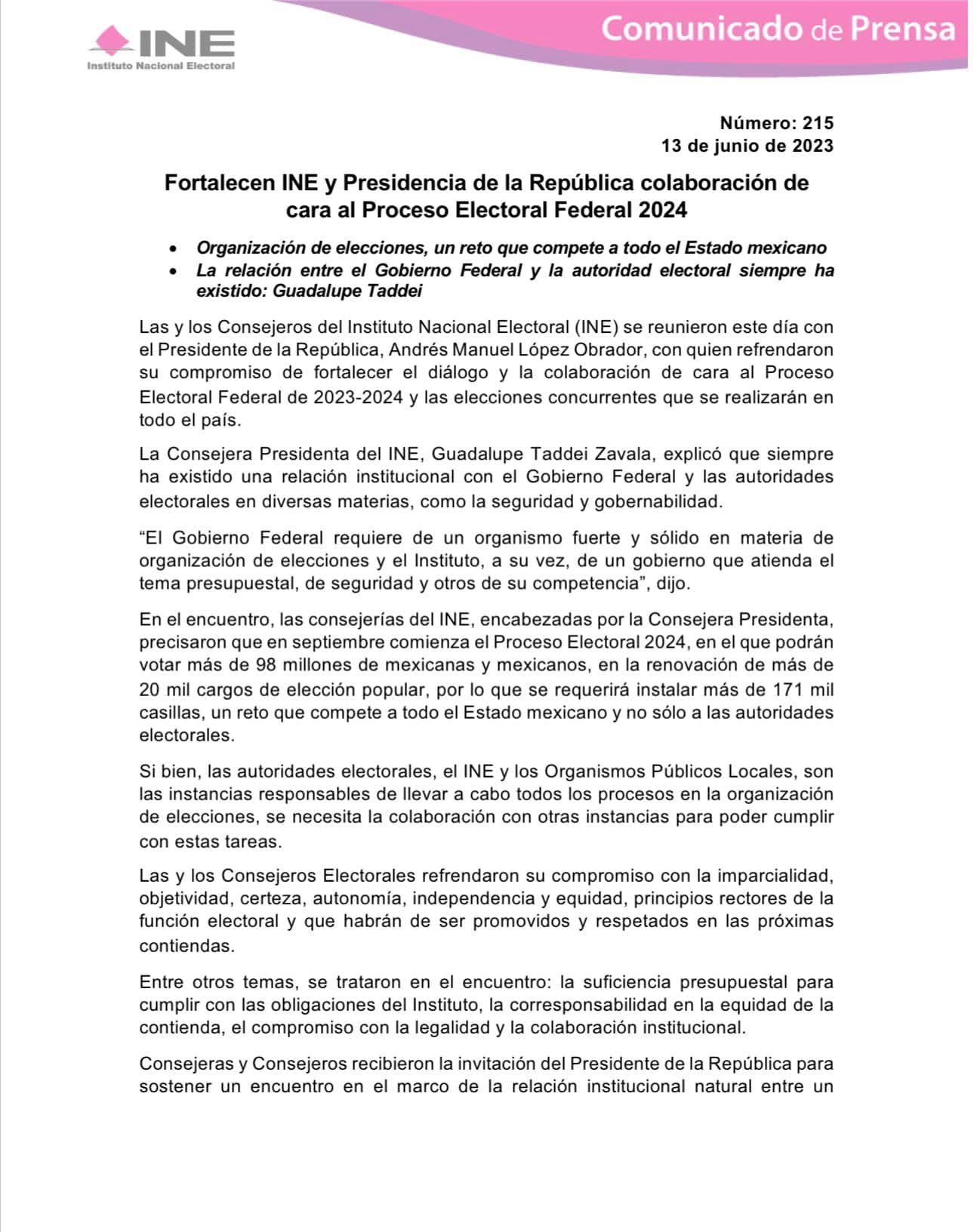 INE Boletin reunion con presidente